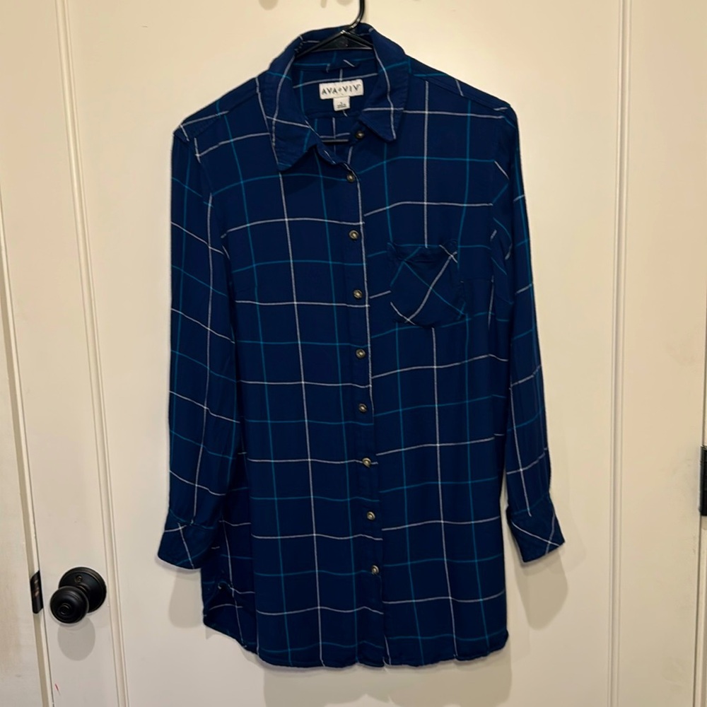 Ava & Viv Plaid Button Down Shirt Blue size X